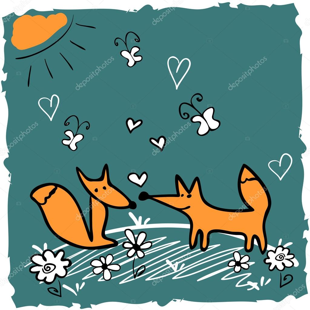 Cute illustration of two cute foxes in the meadow