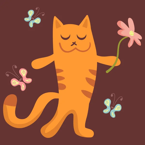 Cute kitty holding a flower — Stock Vector