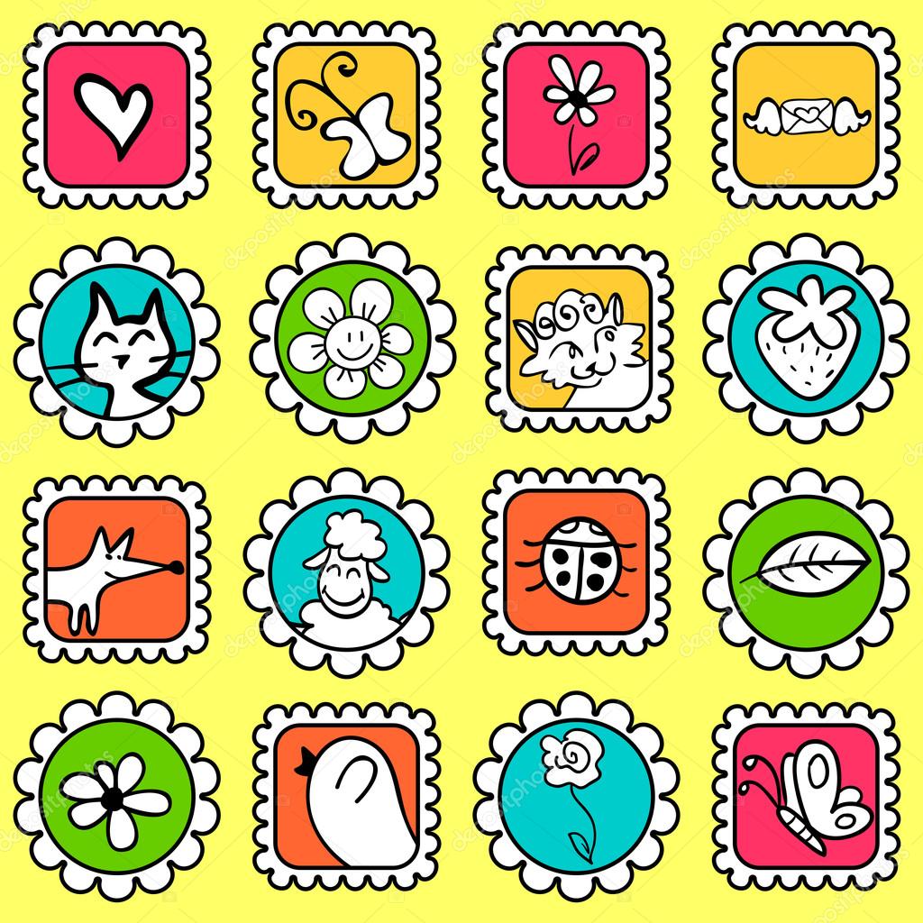 Carini francobolli colorati con disegni vari — Vettoriale Stock