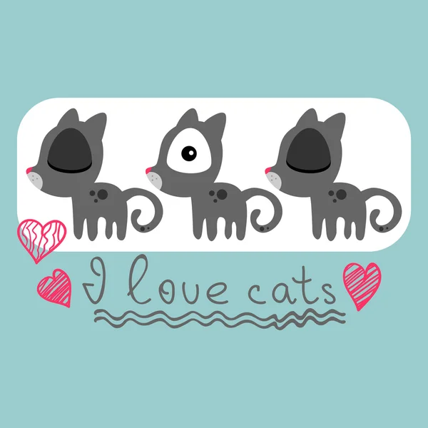 Ich liebe Katzen. Illustration mit drei Katzen auf blauem Hintergrund — Stockvektor