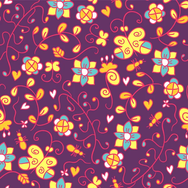 花と蝶を持つ明るいシームレスなパターン — ストックベクタ