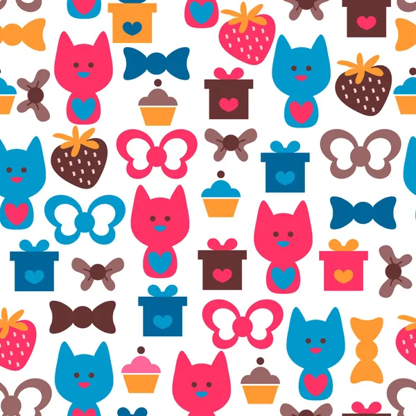 カラフルなシームレスなパターンはかわいい猫 — ストックベクタ
