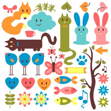 sevimli hayvanlar ve çiçek öğeleri