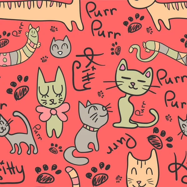 Seamless pattern with cute hand drawn cats — Stock Vector