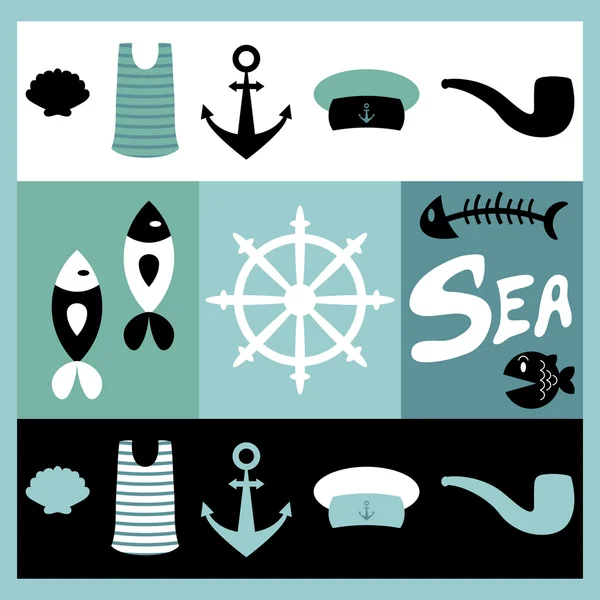 Иллюстрация с различными морскими элементами — стоковый вектор