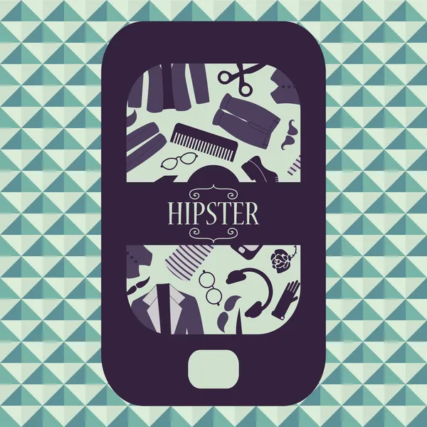 Hipster kaart mobiele telefoon met verschillende kleding en accessoires — Stockvector