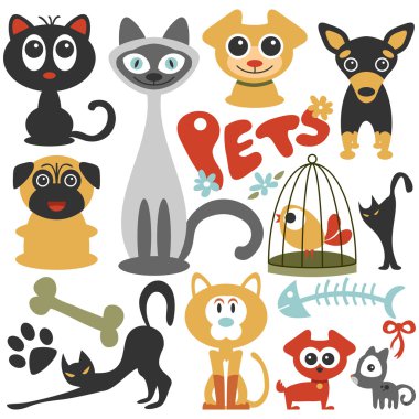 sevimli küçük evcil kedi ve köpeklerin kümesi