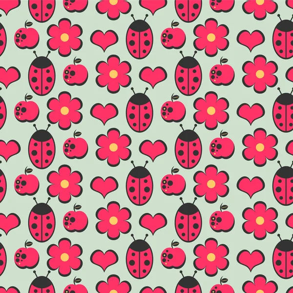 Mignon motif sans couture avec des fleurs et des coccinelles — Image vectorielle