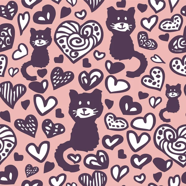 Romantic drawings of hearts and cats seamless pattern — Stock Vector