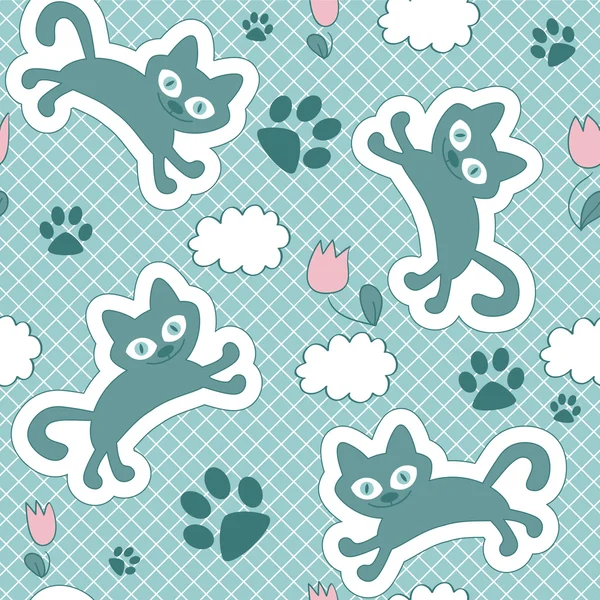 浮遊子猫とかわいいのシームレスなパターン — ストックベクタ
