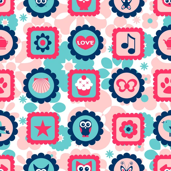 Seamless childish pattern with cute various stamps — Stock Vector