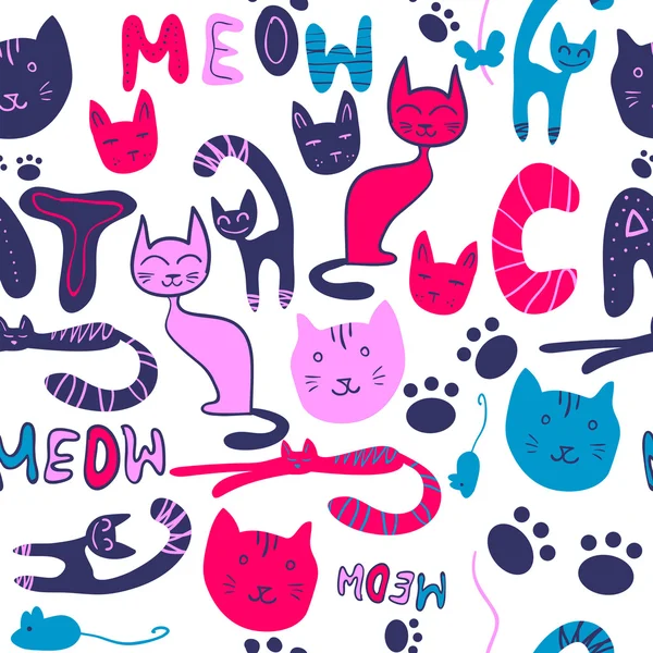 Cute kat doodles naadloze patroon — Stockvector