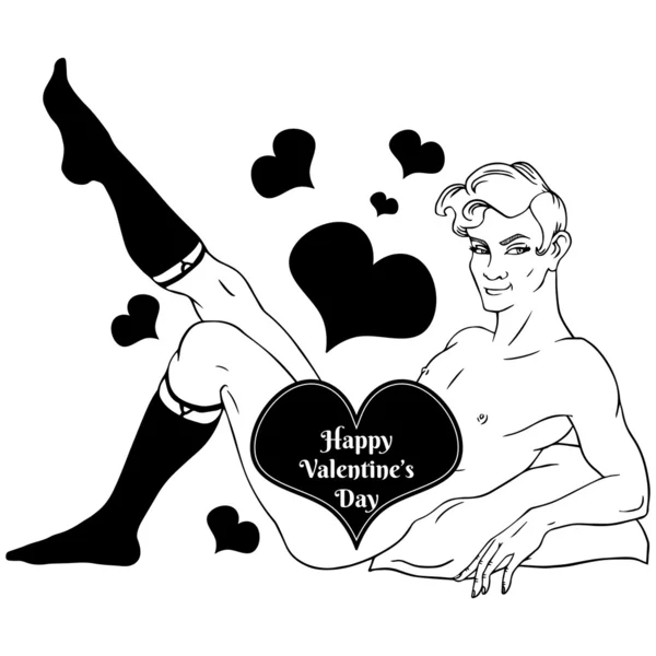Šťastný Valentýna s sexy kluk černé a bílé čáry umění — Stockový vektor