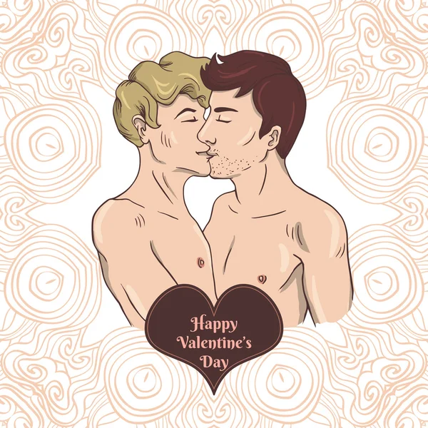 Feliz tarjeta del día de San Valentín con dos hombres gay besándose — Archivo Imágenes Vectoriales