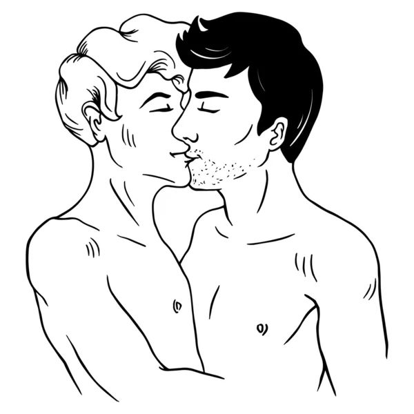 Dos gay los hombres besos línea arte aislado en blanco — Vector de stock