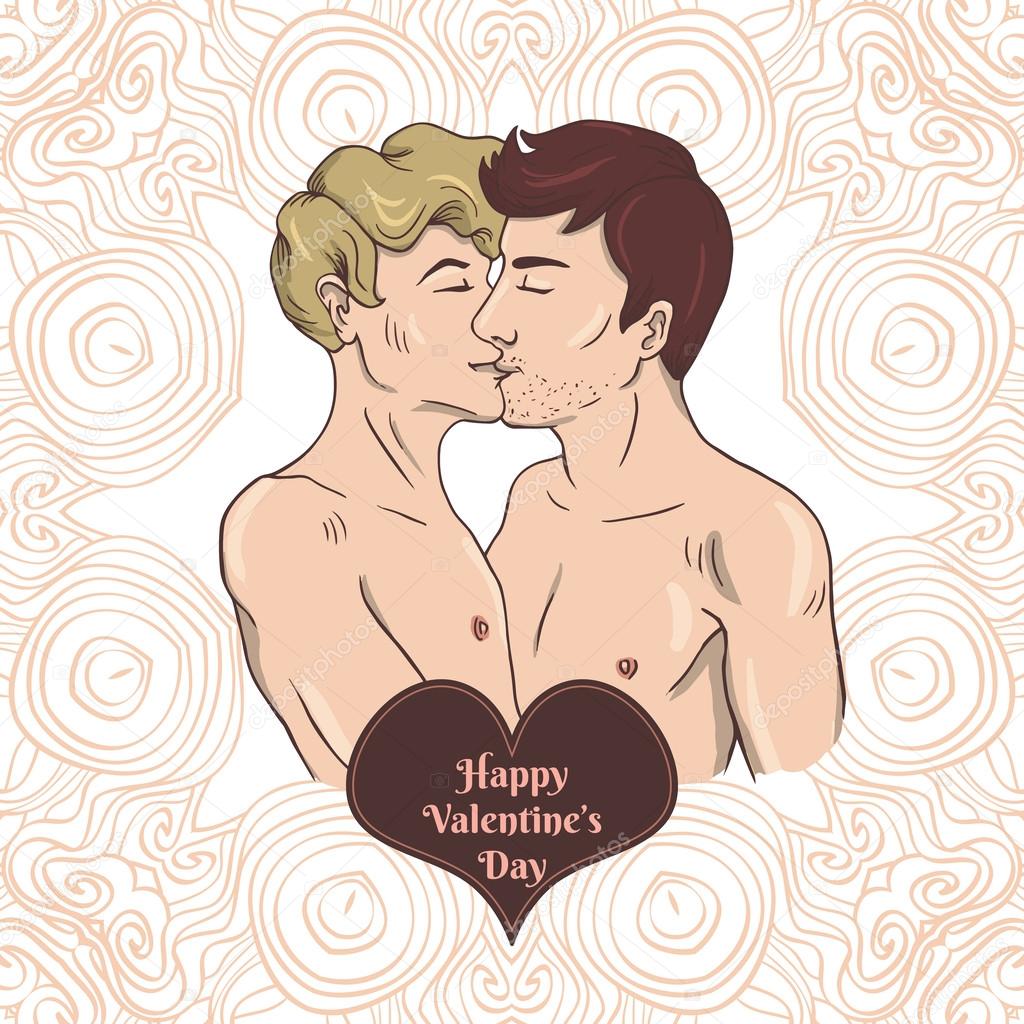 Happy Valentine's day card with two gay men kissing
