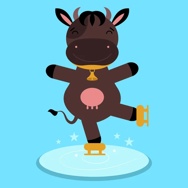 Aranyos boldog rajzfilm tehén korcsolyázás — Stock Vector