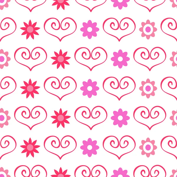 Cute romantic seamless pattern with hearts and flowers — Stock Vector