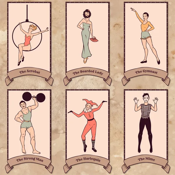Набір старовинних циркових персонажів — стоковий вектор