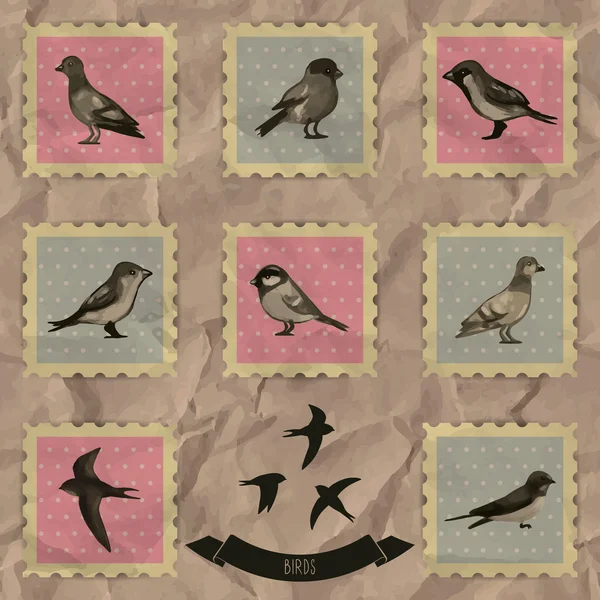 Timbres vintage avec oiseaux — Image vectorielle