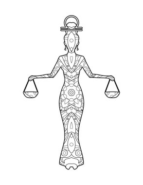 Terazi burcu burç resmi, yetişkin boyama kitabı sayfası, güzel burç sembolü kız, vektör illüstrasyon