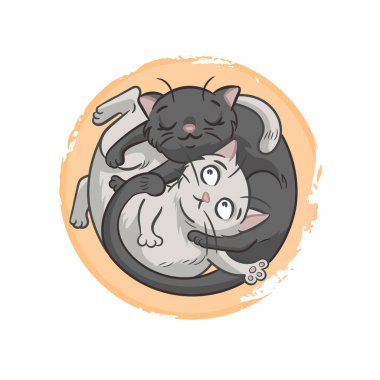 Sevimli kediler aşk posteri, yin yang kompozisyonu, romantik kartpostal, Sevgililer Günü, vektör illüstrasyonu