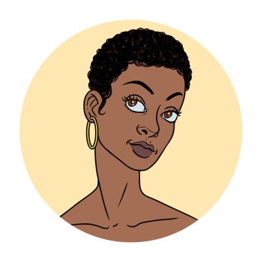 Kısa saç portresi, vektör çizimi olan güzel siyah kadın.