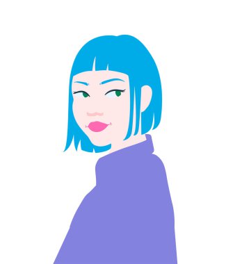 Mavi saçlı beyaz kadın portresi, vektör çizimi.