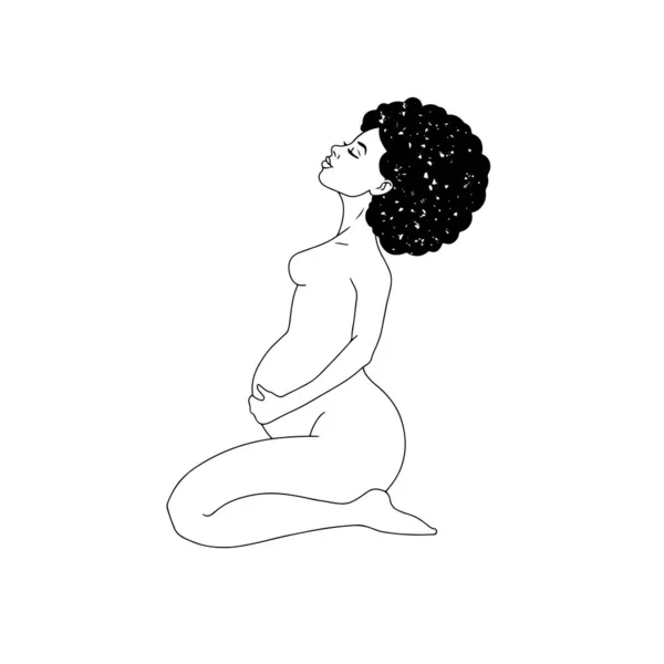 Mujer Negra Embarazada Sentada Sosteniendo Vientre Dibujo Lineal Blanco Negro — Vector de stock