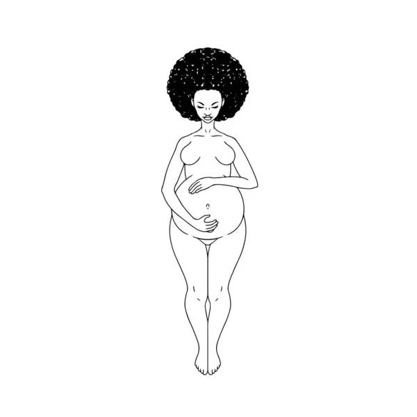 Mujer Negra Embarazada Pie Sosteniendo Vientre Dibujo Lineal Blanco Negro — Vector de stock