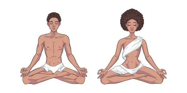 Fiatal Meditáló Férfi Lótuszban Elszigetelt Fehér Háttérrel Fekete Afro Amerikai Jogdíjmentes Stock Illusztrációk