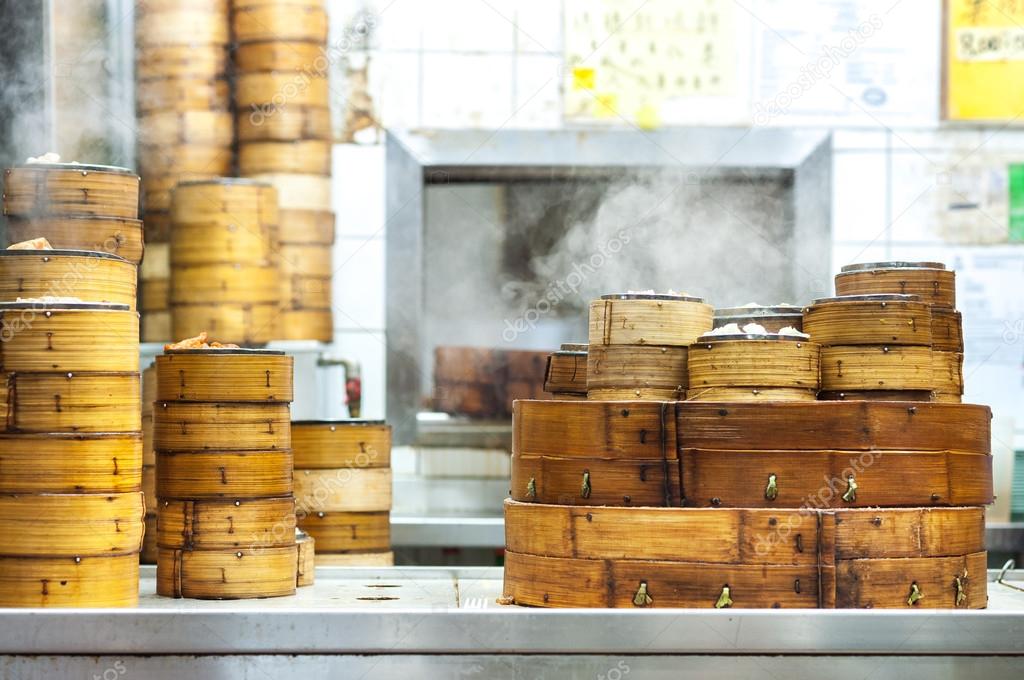 Stacked dim sum steamers at a Hong Kong restaurant Stock Photo by