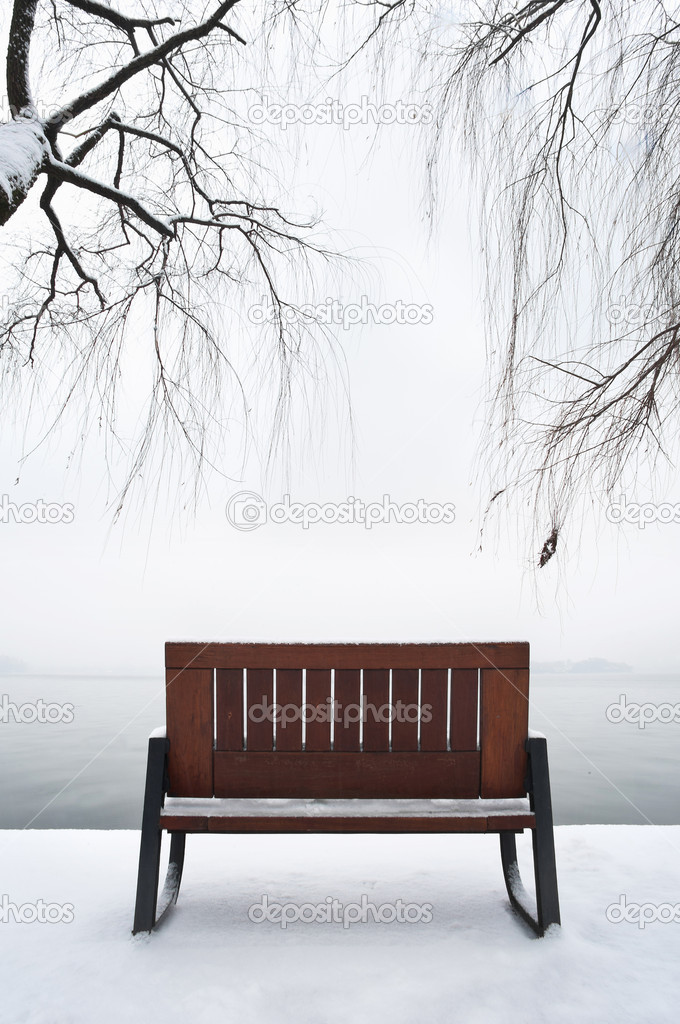 Empty bench in the snow, West Lake, Hangzhou