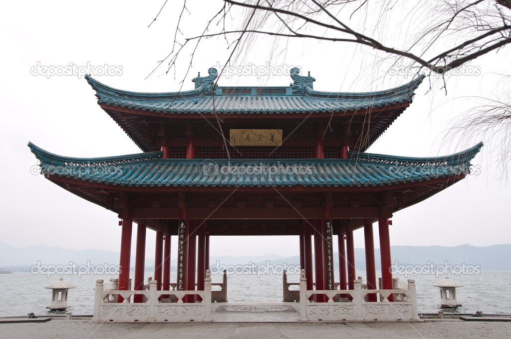 Traditional Chinese pavilion on the shore of West Lake, Hangzhou, China