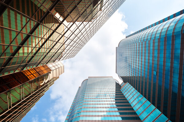 Mirrored high-rise office buildings at Harbour City, Hong Kong