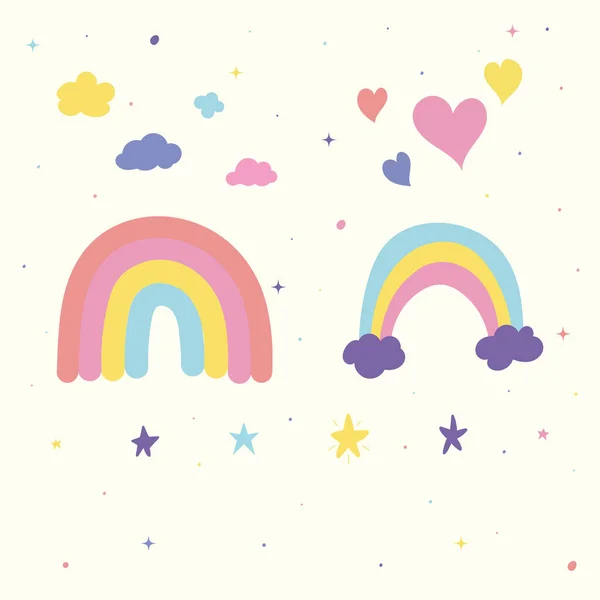 Rainbow Stars Clouds Hearts Magic Hand Drawn Feminine Icon Elements — Stockový vektor