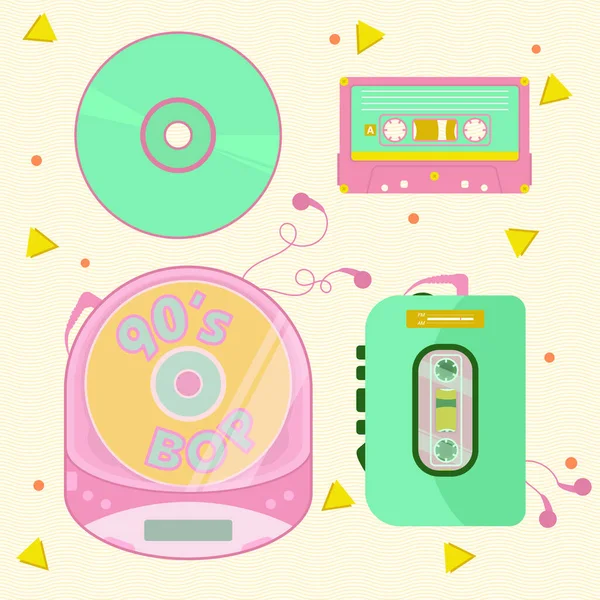 九十年代九十年代便携式音乐播放器盒式磁带播放机Cd光盘传送机随身听便携式Cd盒式磁带播放机 — 图库矢量图片