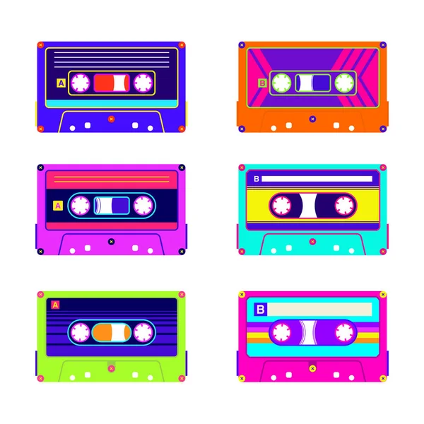Anos Nostalgia Fitas Cassete Música Vibrante Colorida Neon —  Vetores de Stock