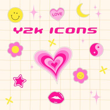 Y2K Symbols Including Smiley Emoticon, Heart Tablet, Moon, Flowers, Yin Yang, Lips and Sparkles in Yellow and Pink Color Scheme