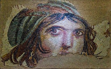 GAZIANTEP, TURKEY - OCTOBER 25, 2021: The Gypsy Girl Mosaic (Turkish: Cingene Kizi Mozaigi) in Zeugma Mosaic Museum. Gaziantep, Turkey. Biggest mosaic museum in the world. clipart