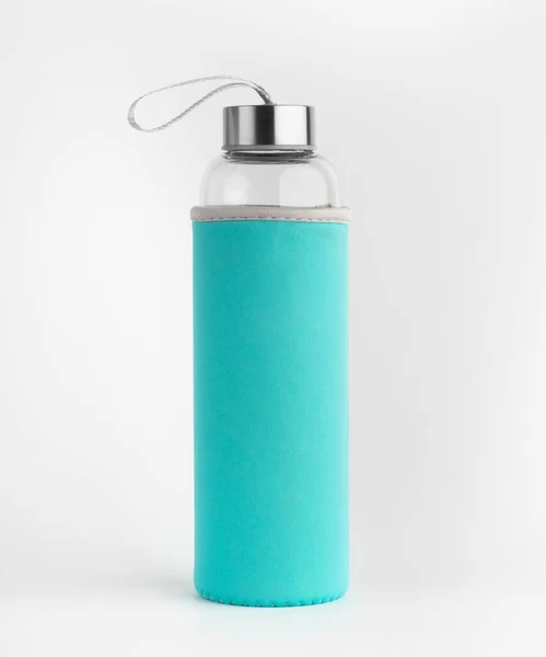 Glass Water Bottle Green Protective Case Isolated White Background — Fotografia de Stock