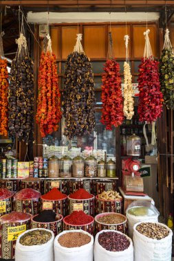 GAZIANTEP, TURKEY - OCTOBER 24, 2021: Spice shop in Gaziantep, Turkey. Various organic spices.