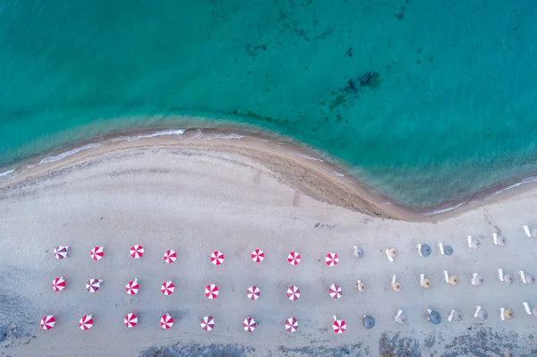 Aerial View Sea Empty Sandy Beach Sun Beds Umbrellas Sunny — Stockfoto