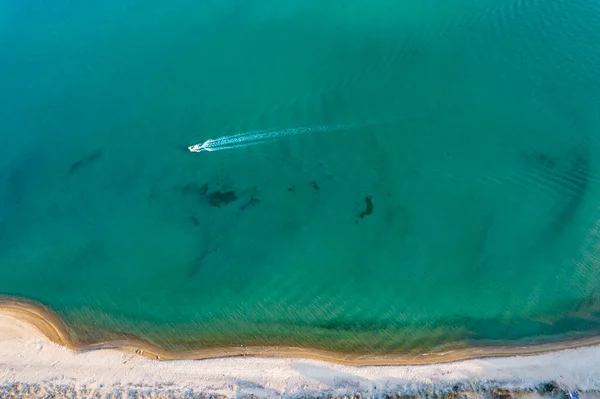 Aerial View Sea Empty Sandy Beach Sun Beds Umbrellas Sunny — Stockfoto