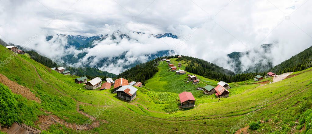 POKUT PLATEAU panoramic view with Kackar Mountains. This plateau located in Camlihemsin district of Rize province. Kackar Mountains region. Rize, Turkey.