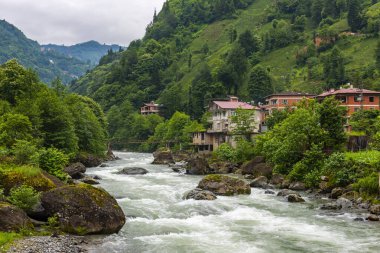 Camlihemsin center view with Firtina Stream in Rize, Turkey. Beautiful nature landscape.