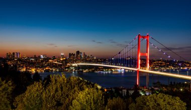 İSTANBUL, Turkey. Günbatımında İstanbul Boğazı 'nın panoramik manzarası. İstanbul Boğaz Köprüsü (15 Temmuz Şehitler Köprüsü. Türkçe: 15 Temmuz Sehitler Koprusu). Güzel bulutlu mavi gökyüzü.