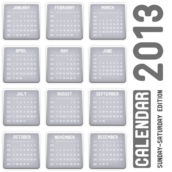 Calendario vettoriale 2013 - Domenica-Sabato edizione — Vettoriale Stock