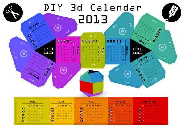 3d DIY Calendar 2013 3,1×2,9 inch compiled size — Stock Vector