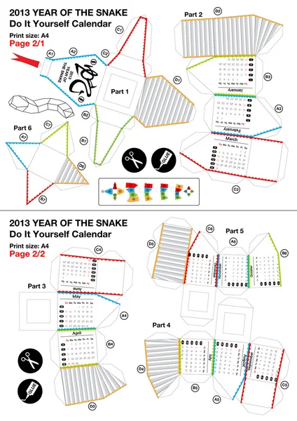 3d hacerlo usted mismo calendario de papelería - Año de la Serpiente 2013 — Vector de stock